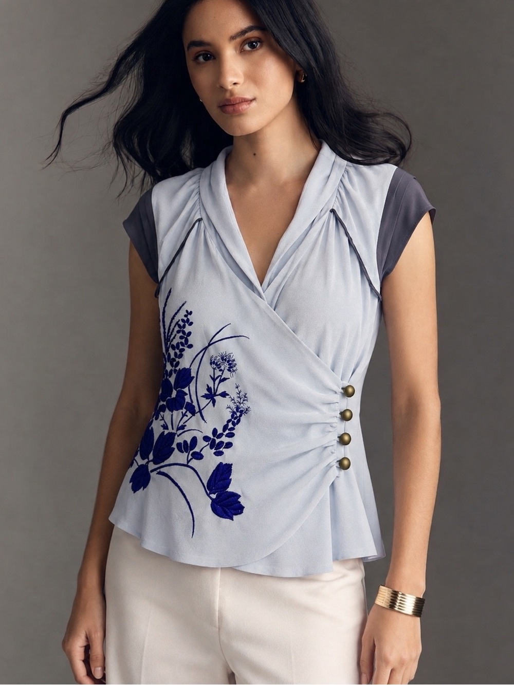 Anthropologie Silk Light Gray Wrap Blouse with Purple Embroidery Detail - Size 4